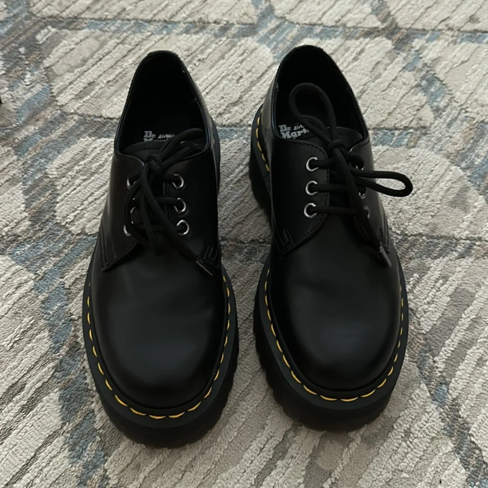 Dr. Martens • 1461 quad black polished smooth leather platform shoes